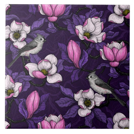 Bloomende magnolia en titmuis bird 4 tegeltje (Voorkant)