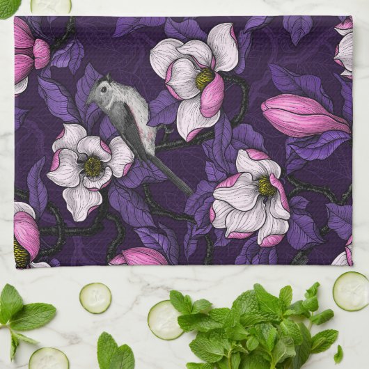 Bloomende magnolia en titmuis bird 4 theedoek (Gevouwen)