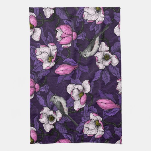 Bloomende magnolia en titmuis bird 4 theedoek (Verticaal)
