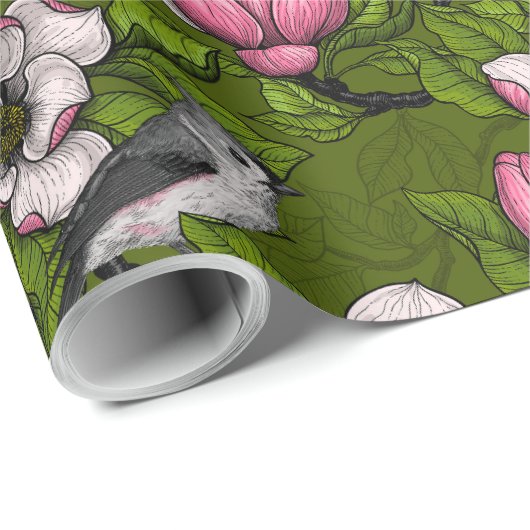 Bloomende magnolia en titmuisvogel 2 cadeaupapier (Rol Hoek)