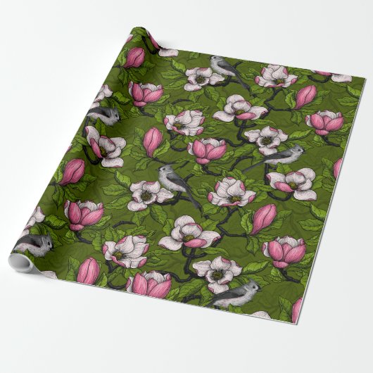 Bloomende magnolia en titmuisvogel 2 cadeaupapier (Uitgerold)