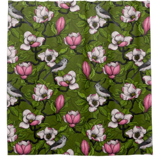 Bloomende magnolia en titmuisvogel 2 douchegordijn (Voorkant)
