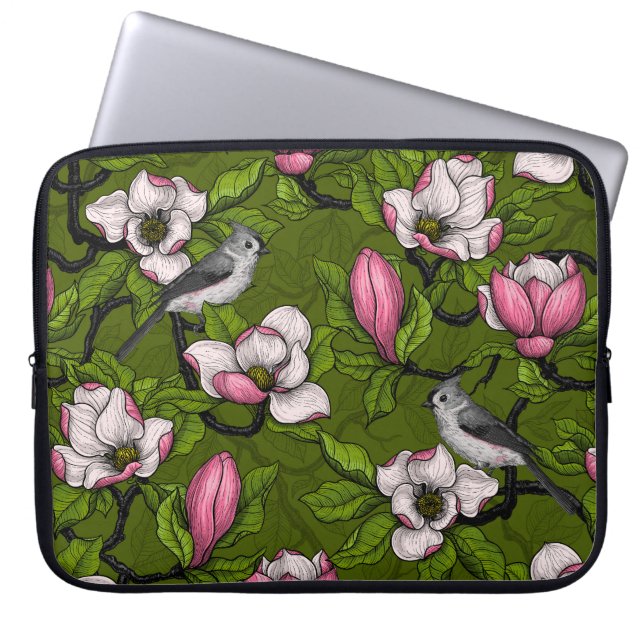 Bloomende magnolia en titmuisvogel 2 laptop sleeve (Voorkant)