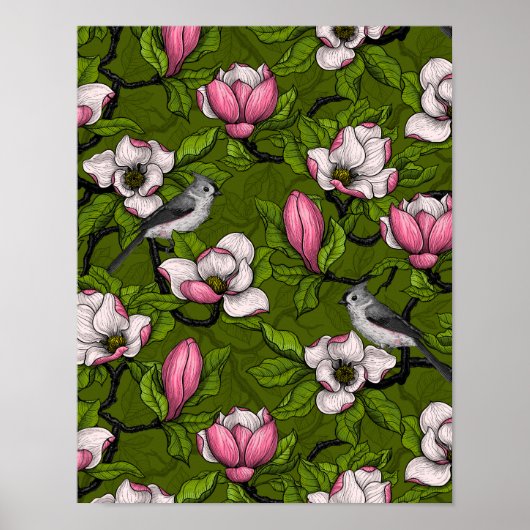 Bloomende magnolia en titmuisvogel 2 poster (Voorkant)