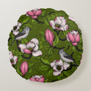Bloomende magnolia en titmuisvogel 2 rond kussen