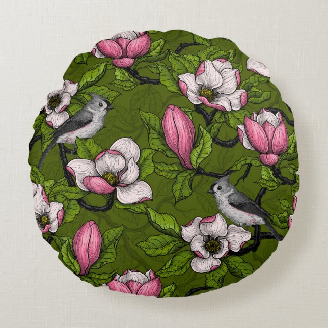 Bloomende magnolia en titmuisvogel 2 rond kussen (Voorkant)
