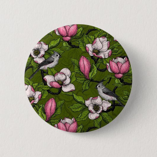 Bloomende magnolia en titmuisvogel 2 ronde button 5,7 cm (Voorkant)