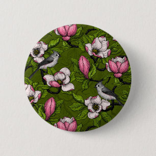 Bloomende magnolia en titmuisvogel 2 ronde button 5,7 cm