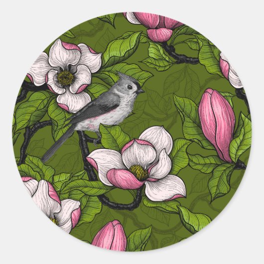 Bloomende magnolia en titmuisvogel 2 ronde sticker (Voorkant)