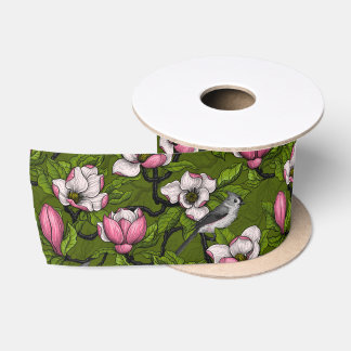 Bloomende magnolia en titmuisvogel 2 satijnen lint