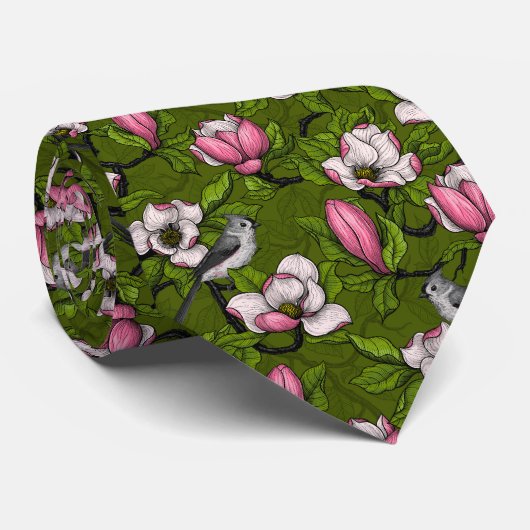 Bloomende magnolia en titmuisvogel 2 stropdas (Opgerold)