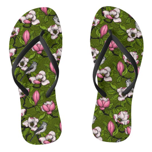 Bloomende magnolia en titmuisvogel 2 teenslippers (Voetbed)