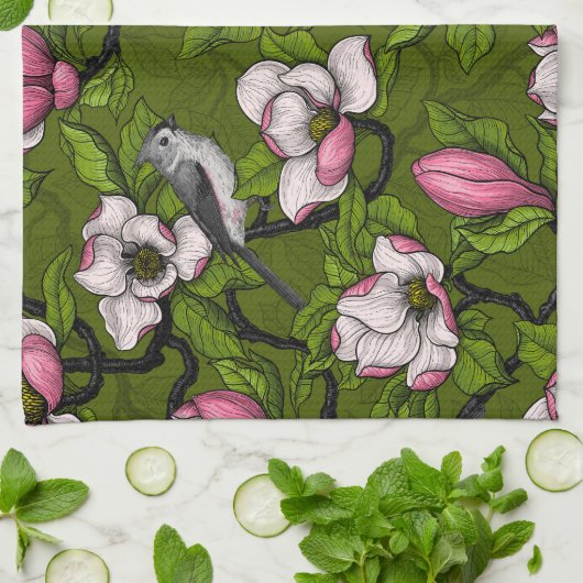 Bloomende magnolia en titmuisvogel 2 theedoek (Gevouwen)