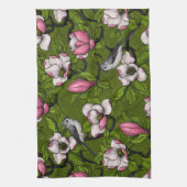 Bloomende magnolia en titmuisvogel 2 theedoek (Verticaal)