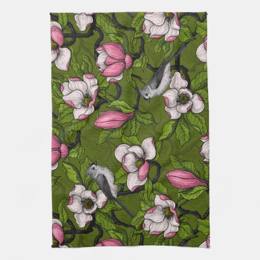 Bloomende magnolia en titmuisvogel 2 theedoek (Verticaal)