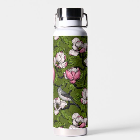Bloomende magnolia en titmuisvogel 2 waterfles (Achterkant)
