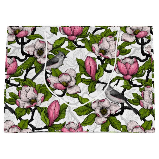 Bloomende magnolia en titmuisvogel groot cadeauzakje (Voorkant)