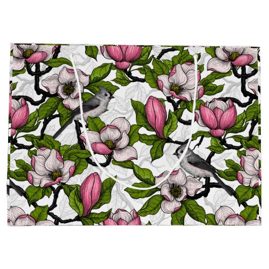 Bloomende magnolia en titmuisvogel groot cadeauzakje (Achterkant)