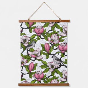 Bloomende magnolia en titmuisvogel hangend wandkleed