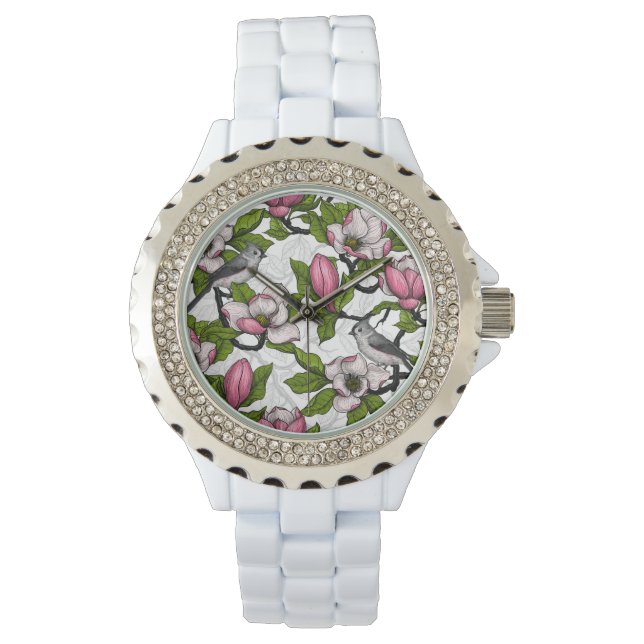 Bloomende magnolia en titmuisvogel horloge (Voorkant)