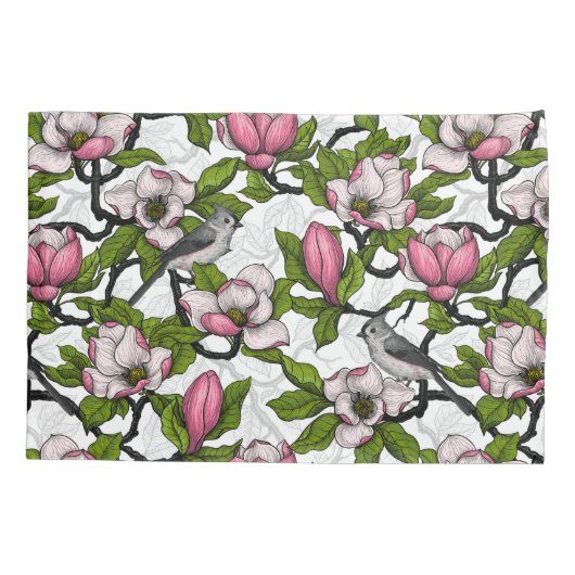 Bloomende magnolia en titmuisvogel kussensloop (Achterkant-Links)