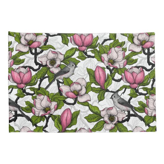Bloomende magnolia en titmuisvogel kussensloop (Achterkant-Rechts)