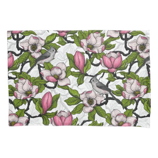Bloomende magnolia en titmuisvogel kussensloop (Voorkant-Links)