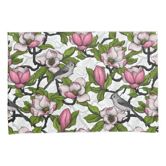 Bloomende magnolia en titmuisvogel kussensloop (Voorkant-Rechts)