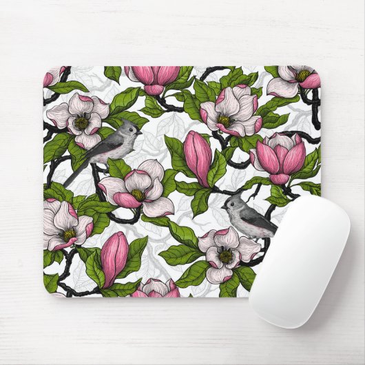 Bloomende magnolia en titmuisvogel muismat (Met muis)