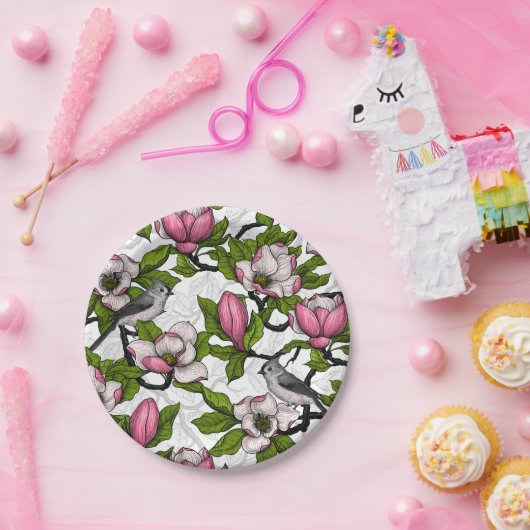Bloomende magnolia en titmuisvogel papieren bordje (Feest)