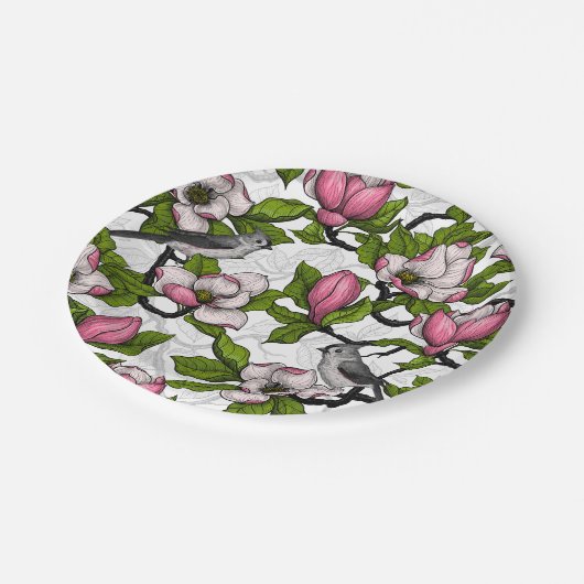 Bloomende magnolia en titmuisvogel papieren bordje (Gekanteld)
