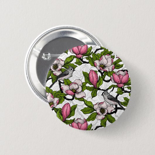 Bloomende magnolia en titmuisvogel ronde button 5,7 cm (Voorkant /achterkant)