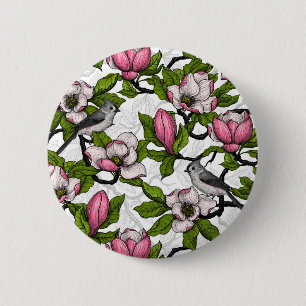 Bloomende magnolia en titmuisvogel ronde button 5,7 cm