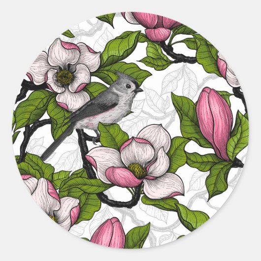 Bloomende magnolia en titmuisvogel ronde sticker (Voorkant)