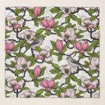 Bloomende magnolia en titmuisvogel sjaal<br><div class="desc">Handbeschilderde magnoliumbloei en titmuisvogel</div>