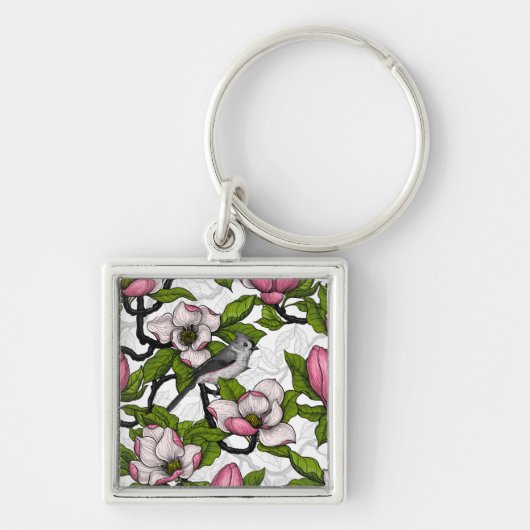 Bloomende magnolia en titmuisvogel sleutelhanger (Voorkant)