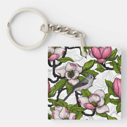 Bloomende magnolia en titmuisvogel sleutelhanger (voorkant)