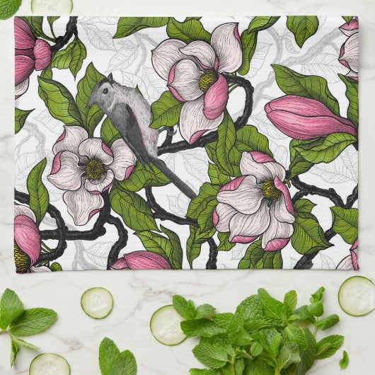 Bloomende magnolia en titmuisvogel theedoek (Gevouwen)