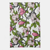 Bloomende magnolia en titmuisvogel theedoek (Verticaal)