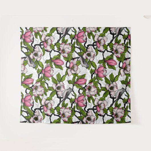 Bloomende magnolia en titmuisvogel wandkleed (Voorkant (horizontaal))