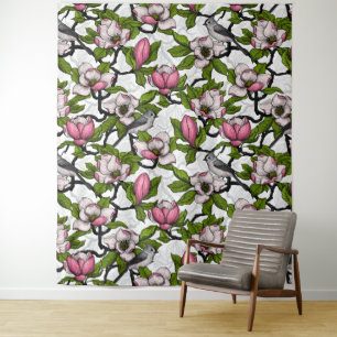 Bloomende magnolia en titmuisvogel wandkleed