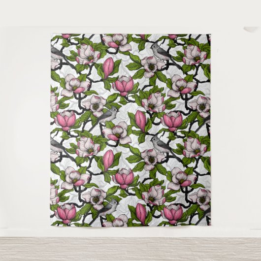 Bloomende magnolia en titmuisvogel wandkleed (Voorkant)