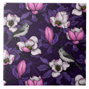 Bloomende magnolia en titmuisvogelkeramische tegel tegeltje
