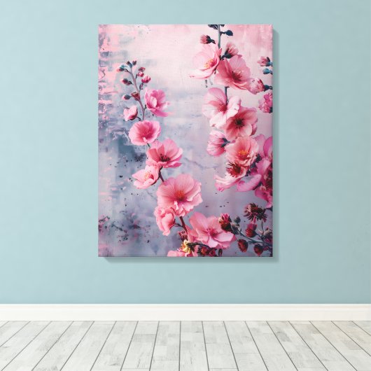 Bloomende roze bloemen canvas afdruk (Insitu (Houten vloer))