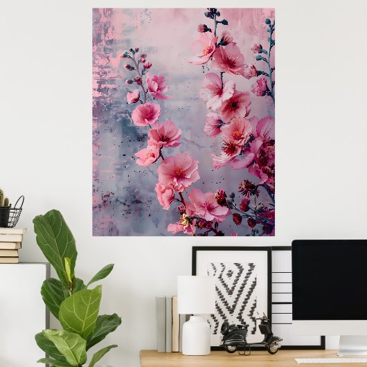 Bloomende roze bloemen poster (Thuiskantoor)