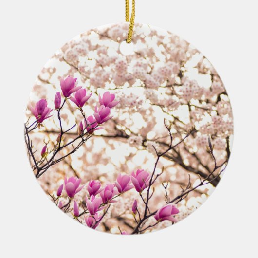 Bloomende roze Paarse Magnolias Spring Flower Keramisch Ornament (Voorkant)