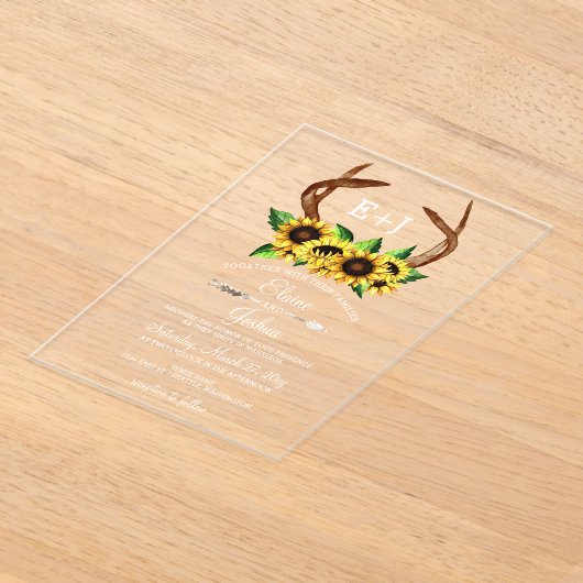 Bloomende zonnebloemen Antlers Landelijke bruiloft Acryl Uitnodigingen (Laagn)