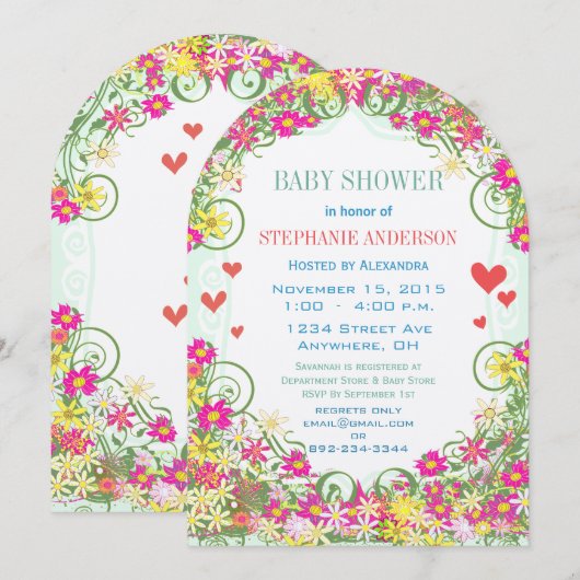 Bloomin' Baby Girl Bloemen en Harten Douche Kaart (Voorkant / Achterkant)