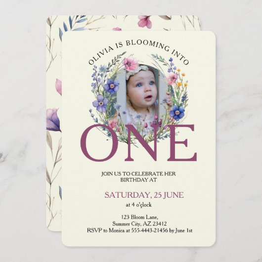 Bloomin in een wilde bloem foto 1e verjaardag kaart (Voorkant / Achterkant)