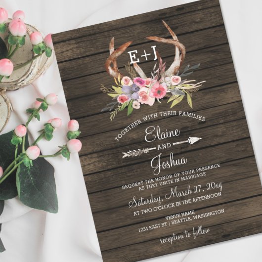 Blooming Antlers Country Chic Wedding Invitations Kaart